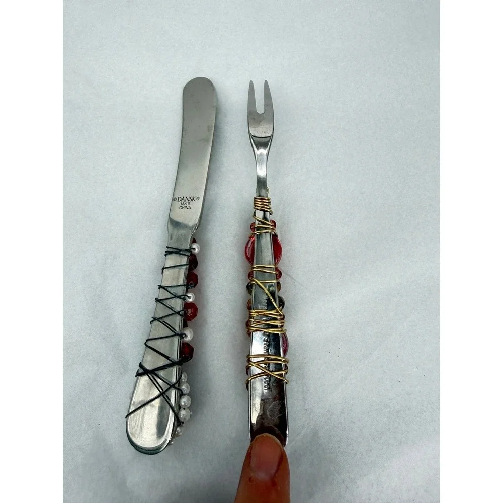 Wire Wrapped Beaded Small Appetizer Knife & Fork Set Stainless Flatware Handmade